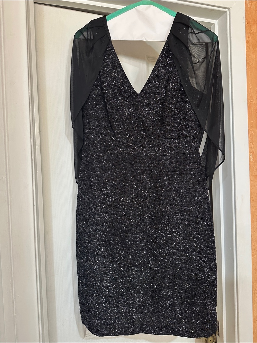 Black Sparkle V-Neck Sheath Dress with Sheer Shawl